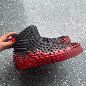 Philipp Plein Black and Red Studded High-Top Sneakers